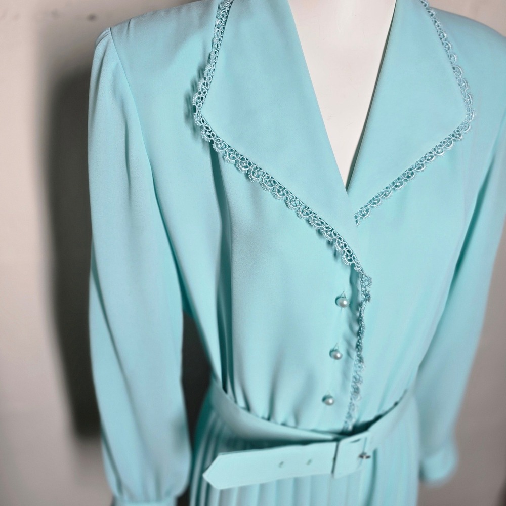 Henry Lee Petites Mint Lace Trim‎ Pearl Button Front Pleated Midi Dress Size 10